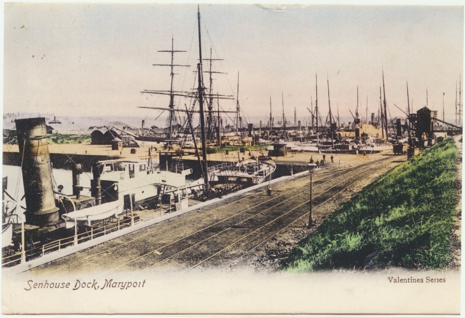 Maryport Senhouse Dock multiple sailing and steam ships coal loading and rails colourised jpg